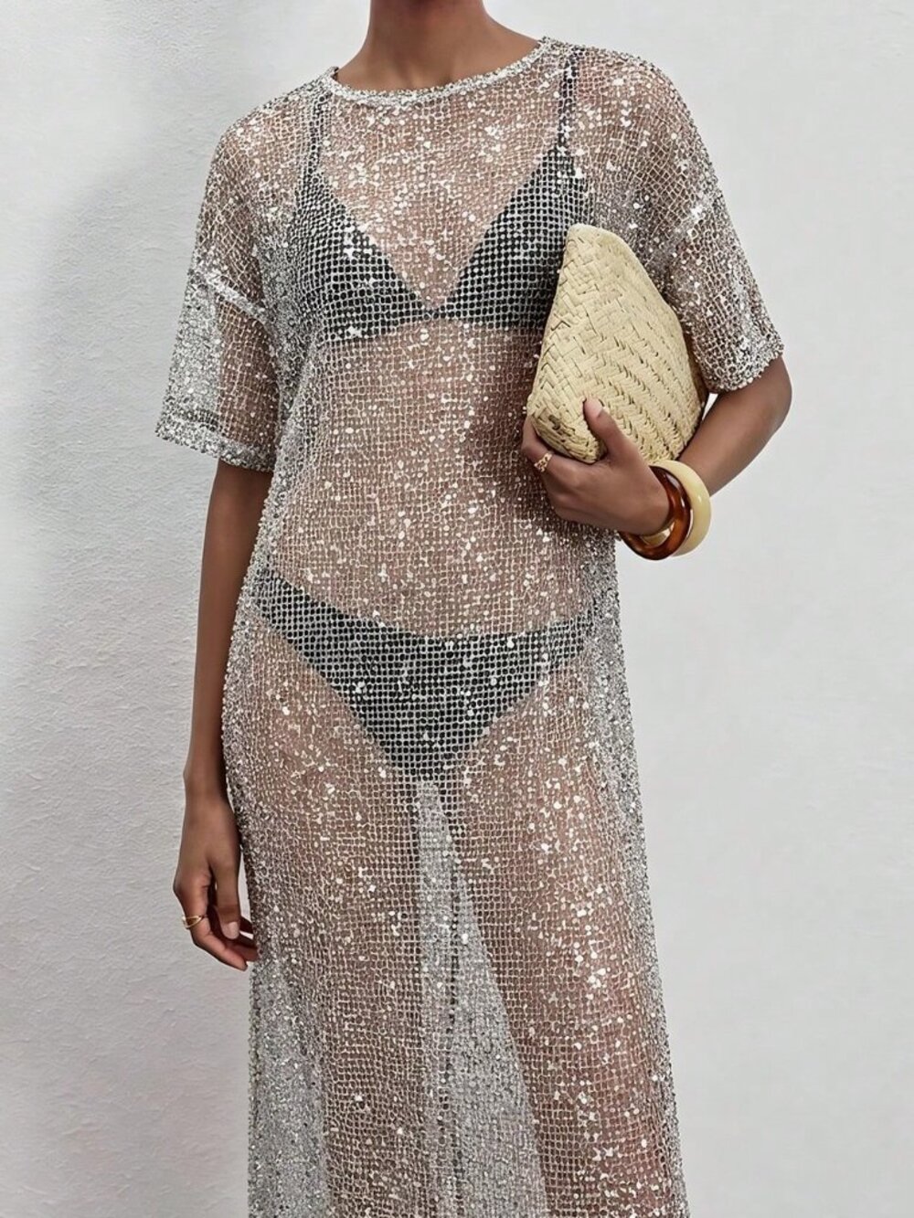 White Sheer Sequin Women's Maxi Dress Split Hem, Mid‑Sleeve & Button Detail - Picture 5 of 5